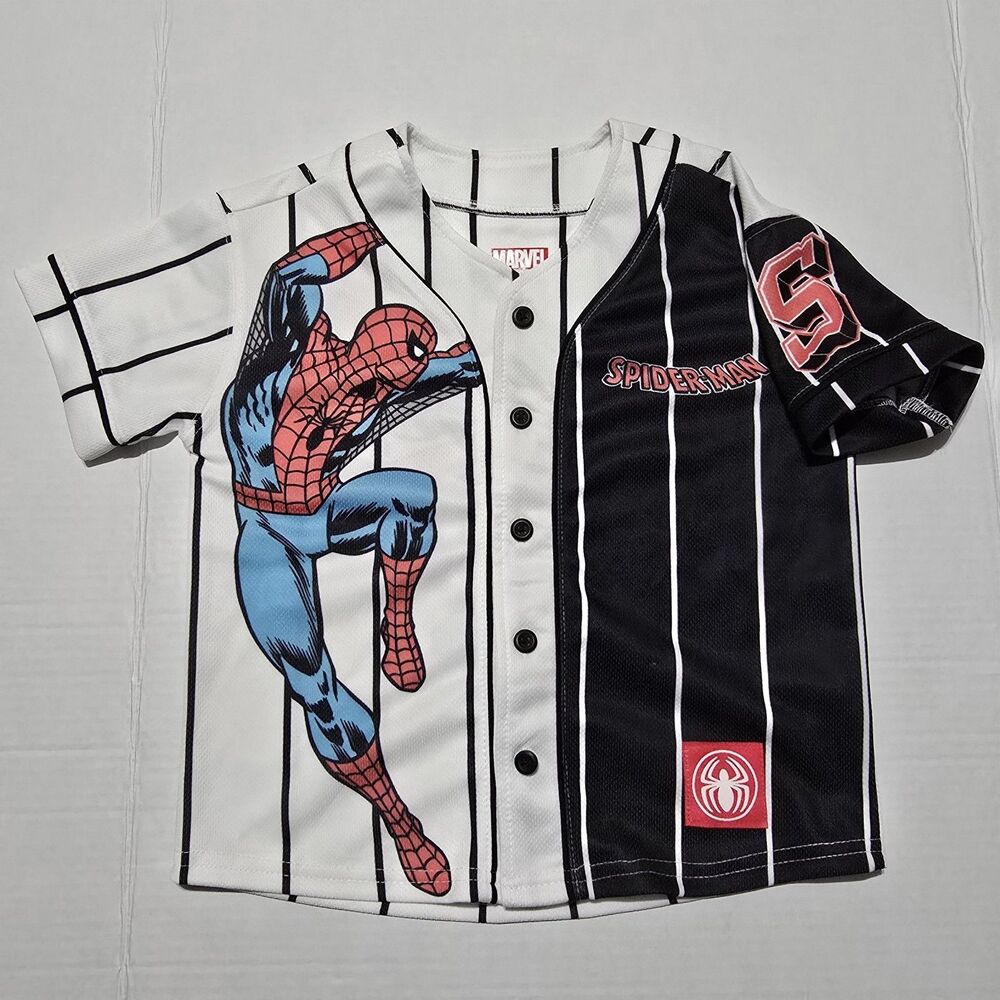 Boys' Spider-Man Graphic Baseball Jersey - XS Stripe Mesh Top, V Neck, Spiderman